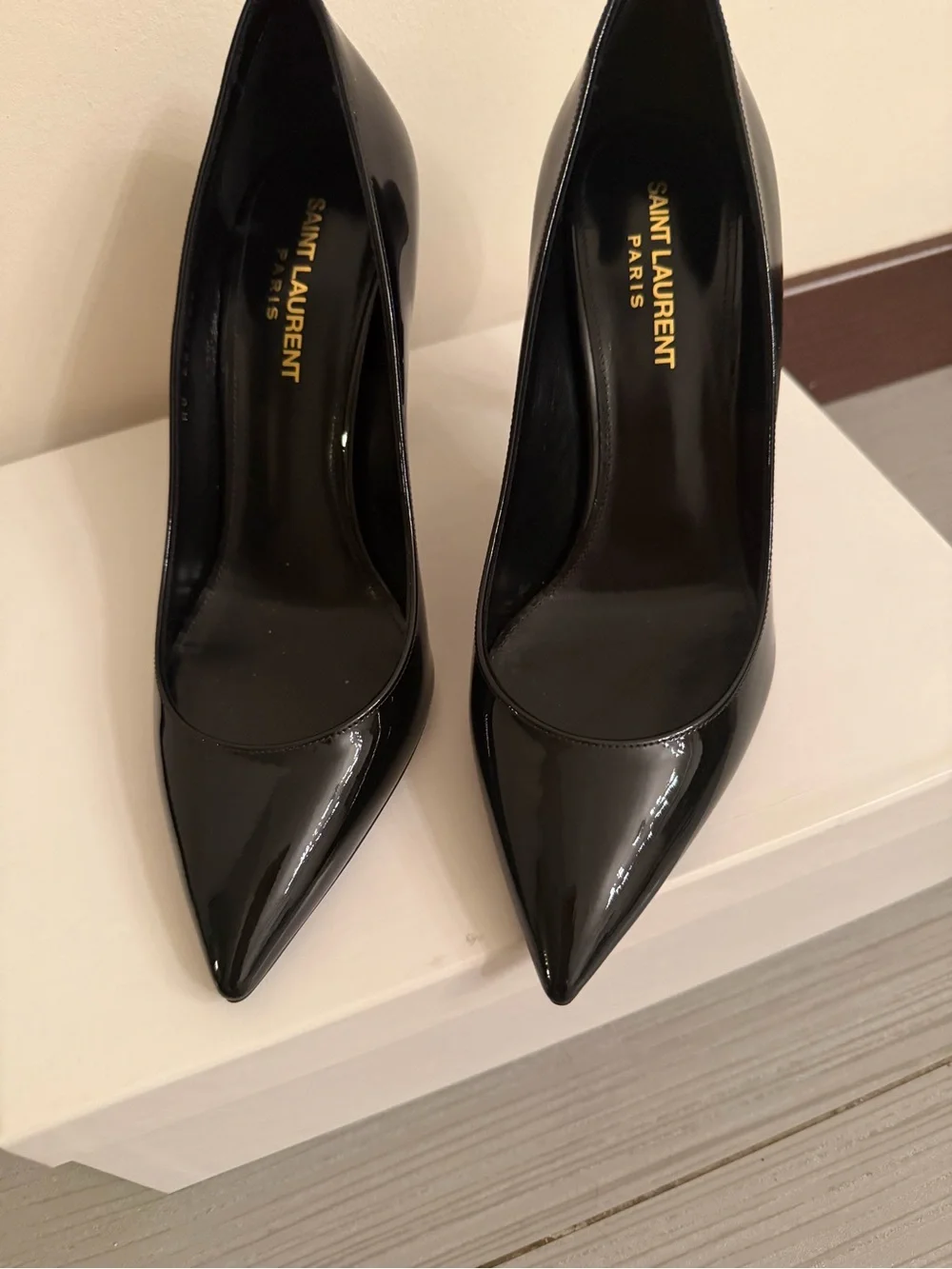 New YSL Saint Laurent Black Patent Logo-Heel Pointed Pumps heels shoes opium 37